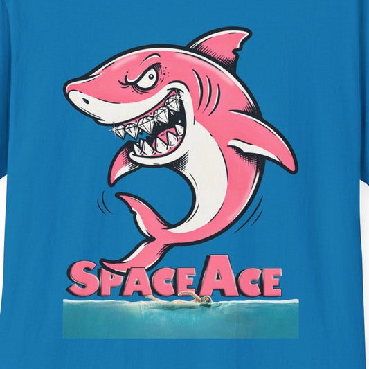 Space Ace Jawsy Shark T-Shirt — Retro Cartoon Pink Shark Graphic Tee, Bold Shark Art Shirt