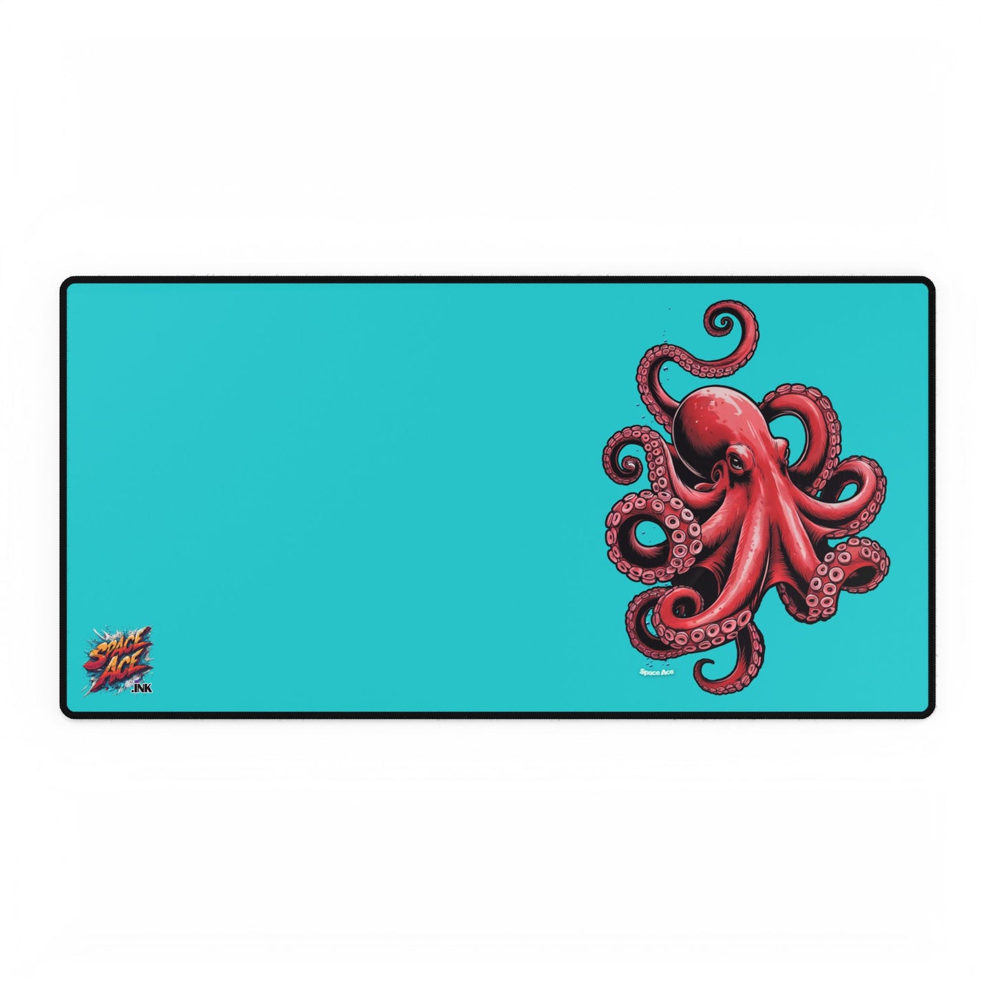 Red Octopus Illustration Desk Mat - Black Gaming Mousepad