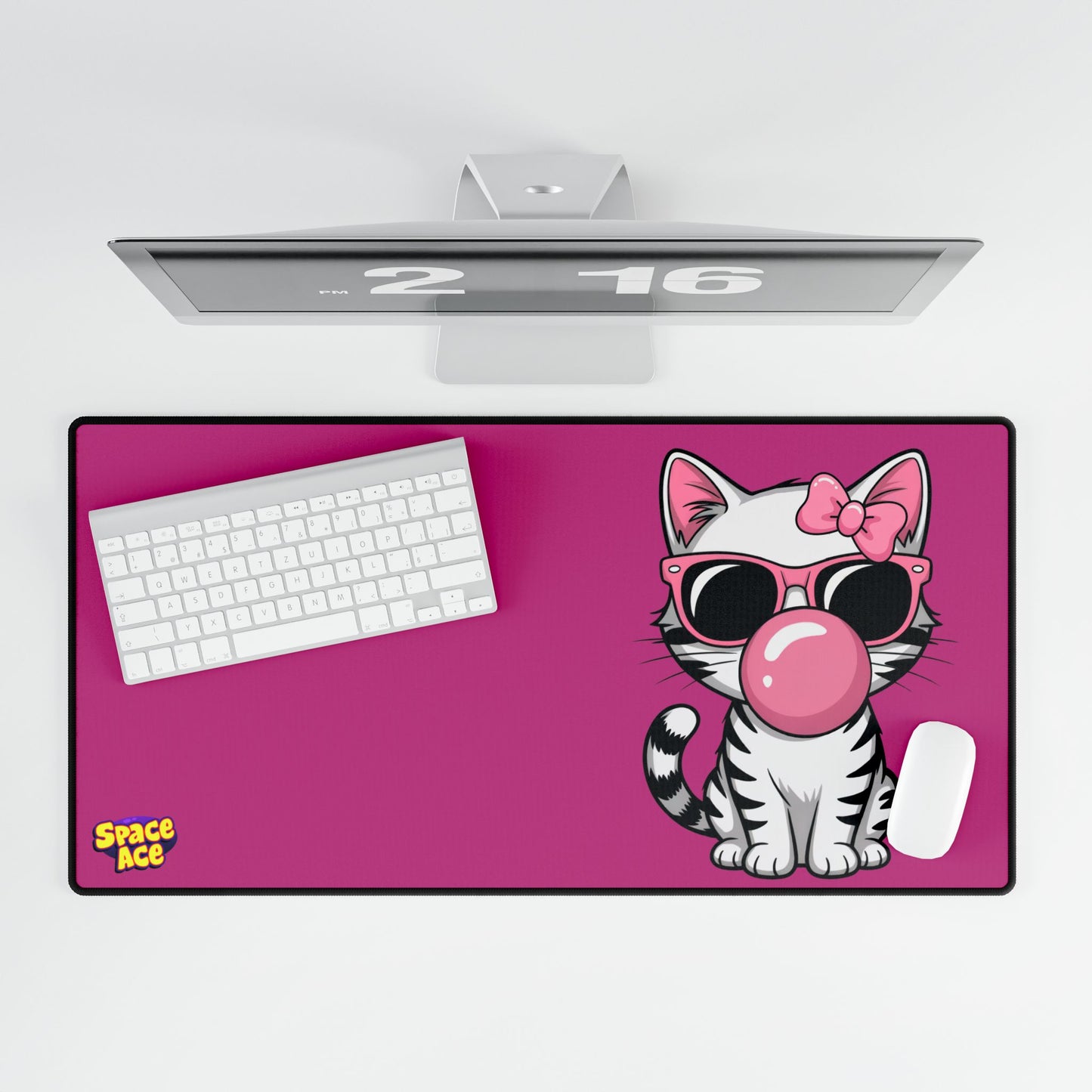 Bubblegum Cat Desk Mat - Pink Cat with Sunglasses Mouse Pad