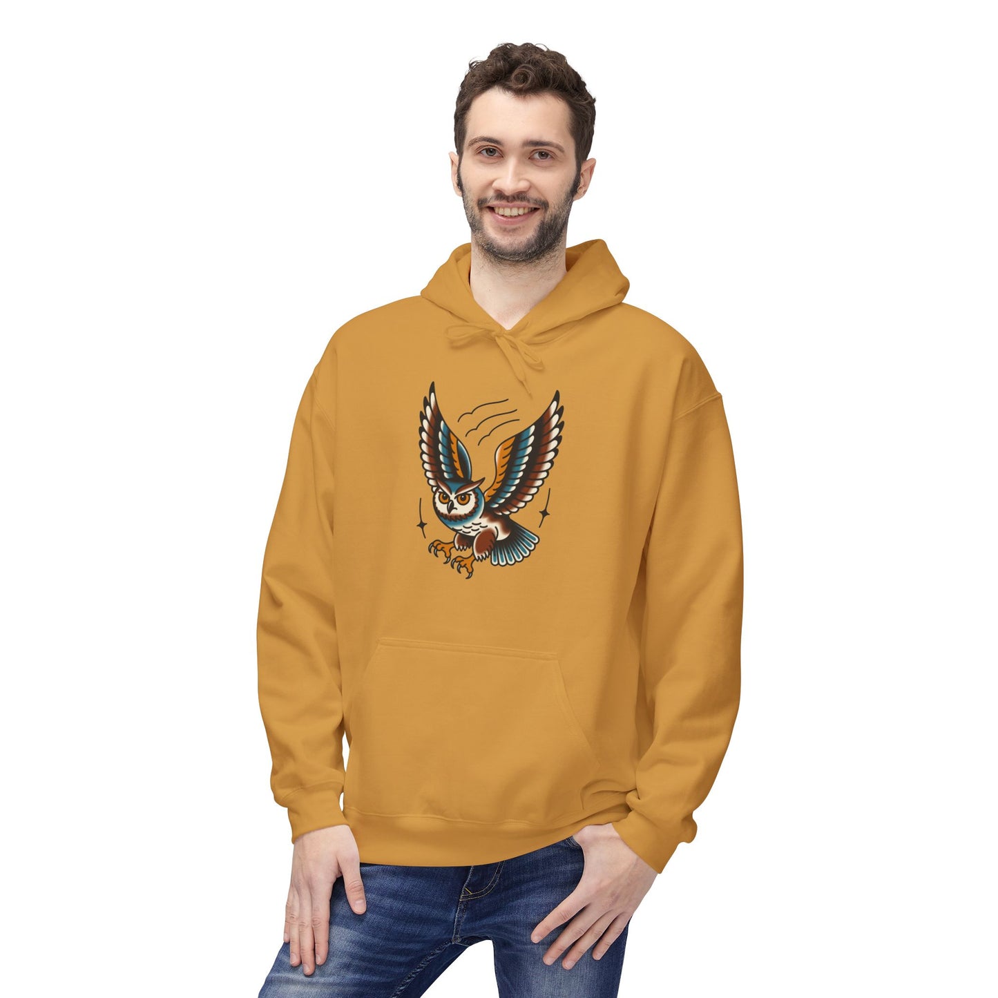 Owl Tattoo Hoodie — Vintage Flying Owl Graphic Pullover