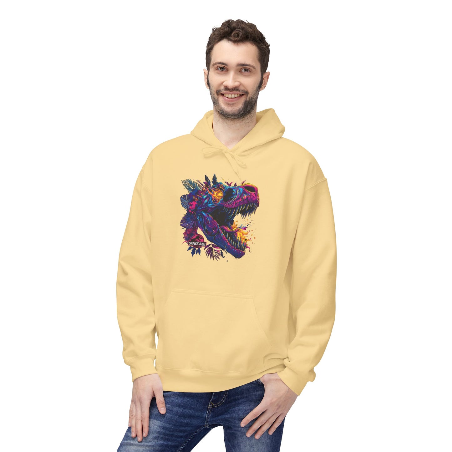 T-Rex Neon Jungle Hoodie — Colorful Dinosaur Graphic Pullover