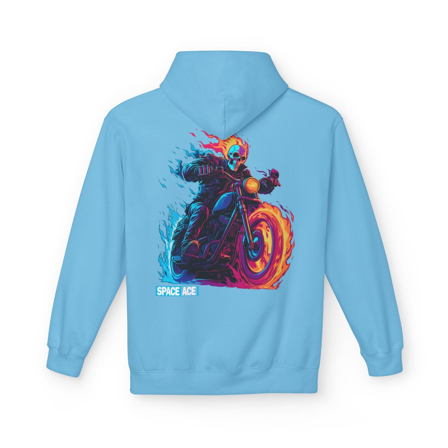 Space Ace Neon Skull Biker Hoodie — Flaming Motorcycle Graphic Sweatshirt