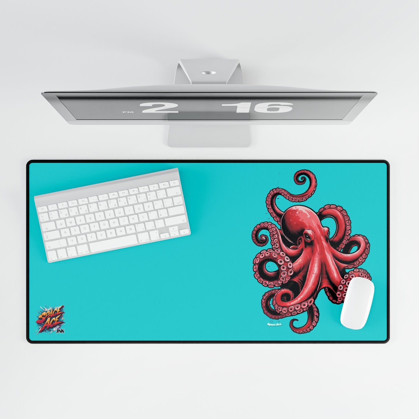 Red Octopus Illustration Desk Mat - Black Gaming Mousepad