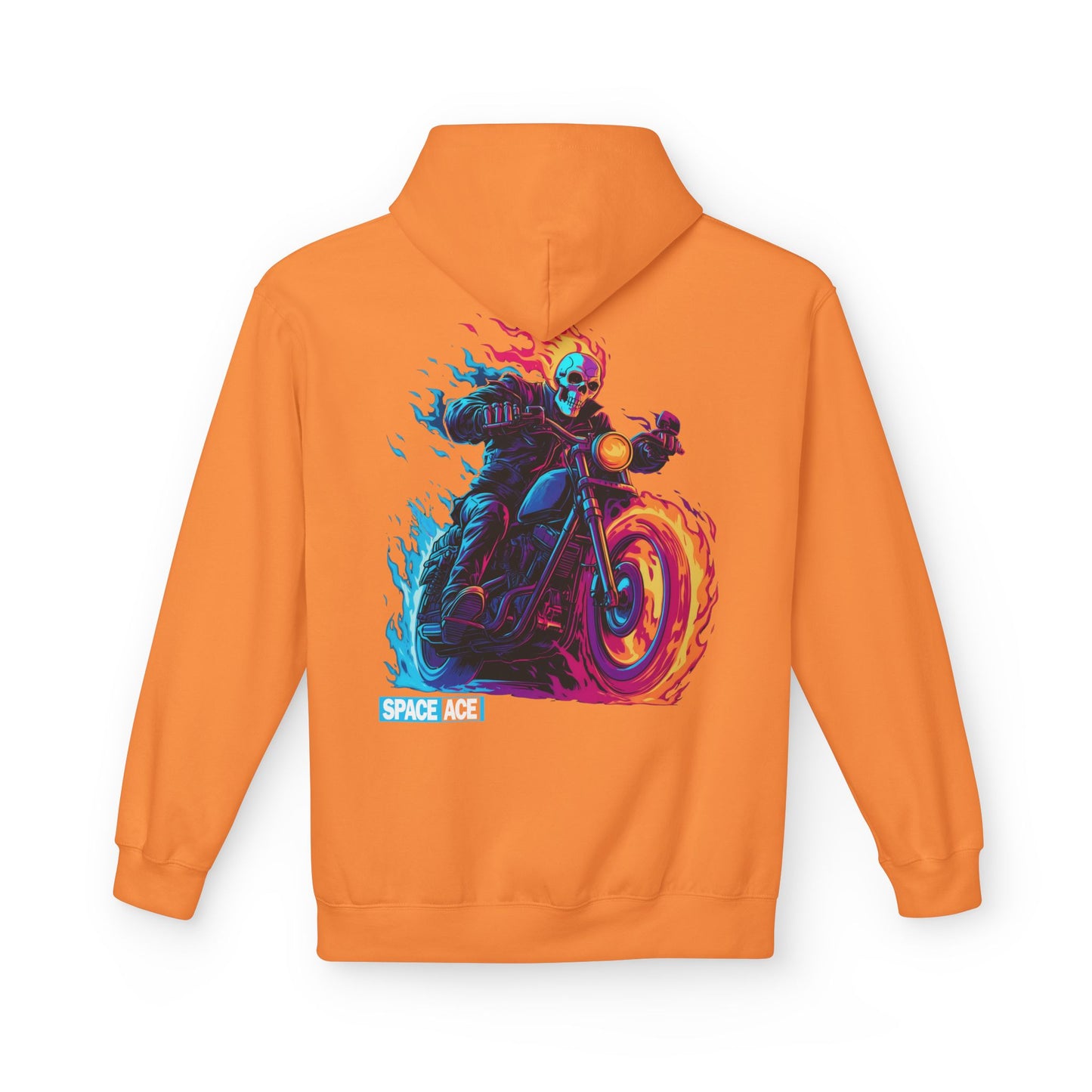 Space Ace Neon Skull Biker Hoodie — Flaming Motorcycle Graphic Sweatshirt
