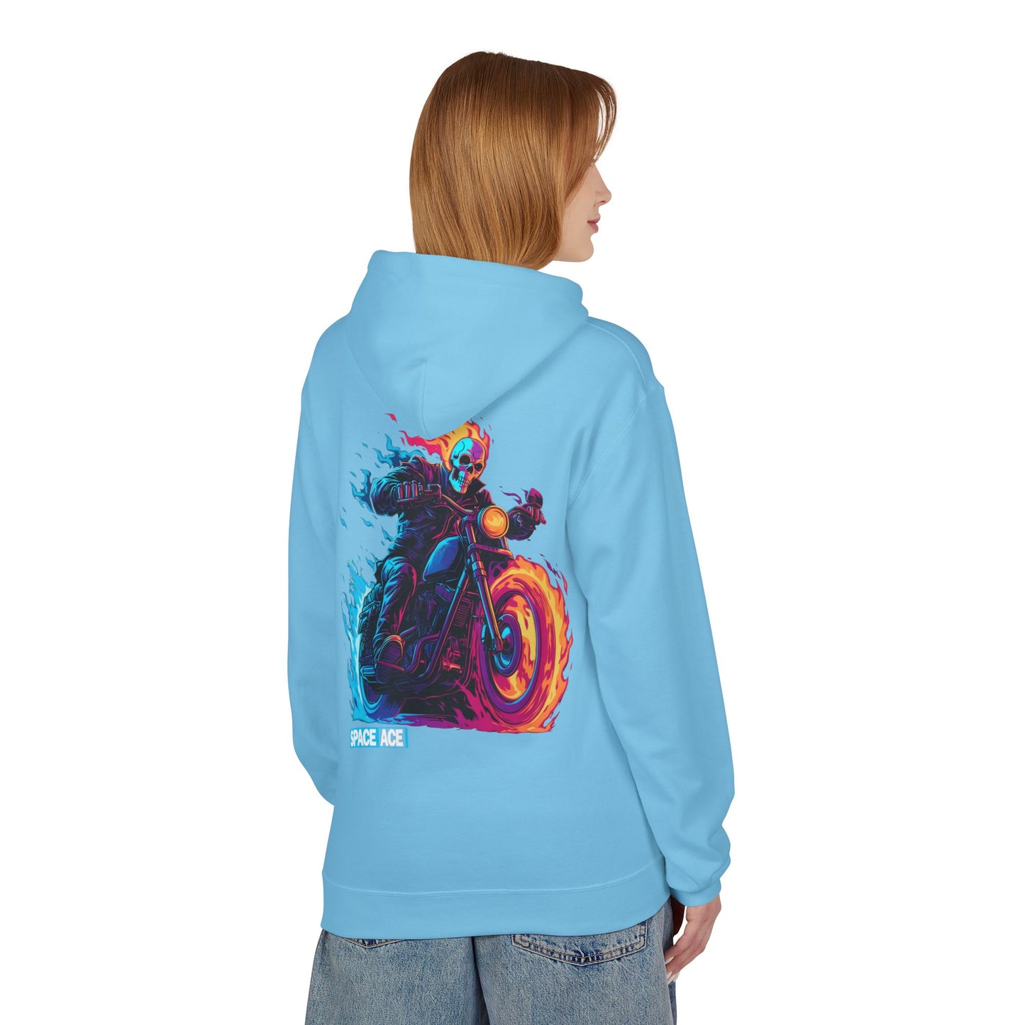 Space Ace Neon Skull Biker Hoodie — Flaming Motorcycle Graphic Sweatshirt