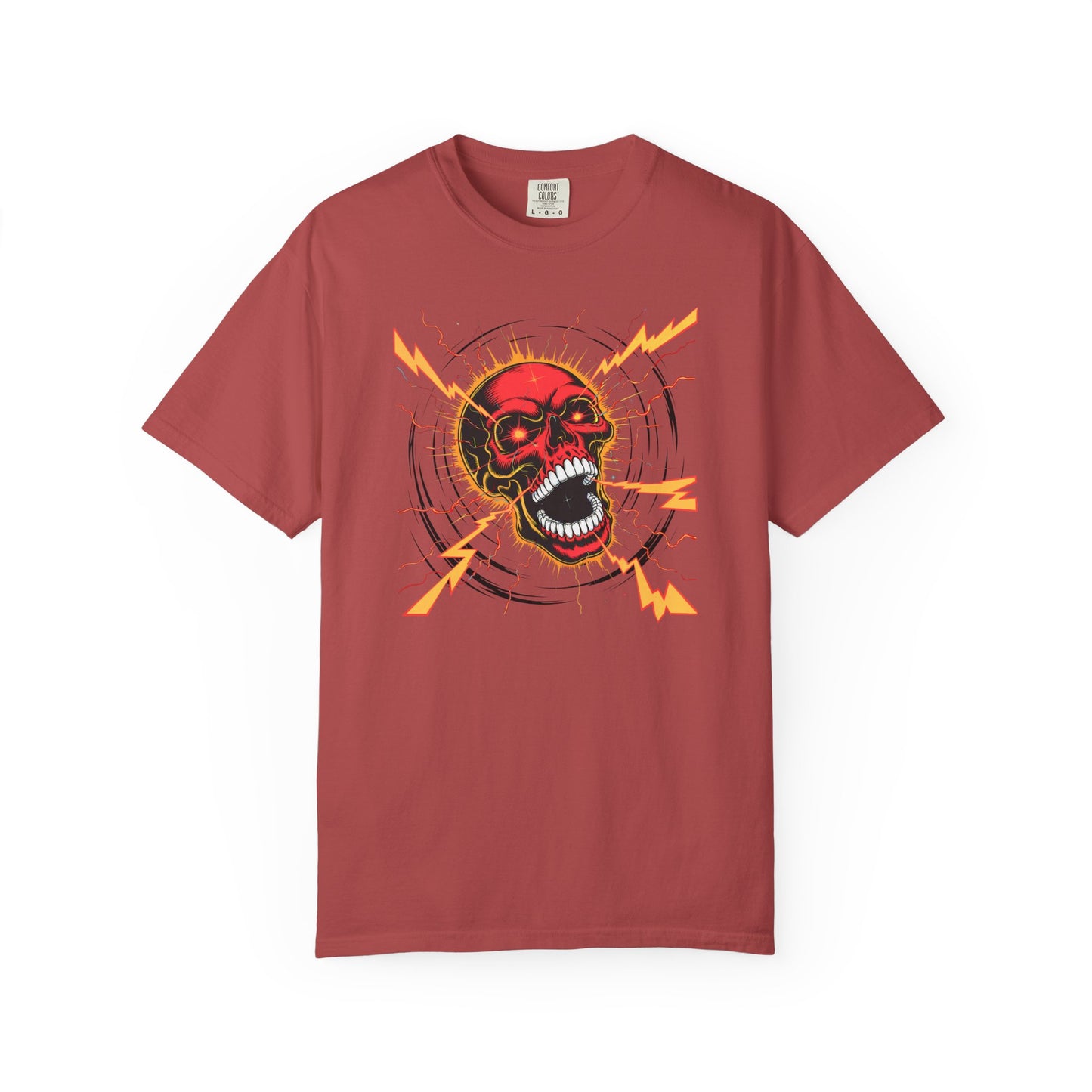 Electric Skull RED, Garment-Dyed Graphic Tee for Music Lovers, Halloween, Festival Wear