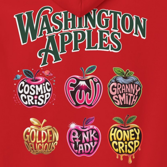 Washington Apples Hoodie — Graphic Apple Variety Sweatshirt (Cosmic Crisp, Fuji, Granny Smith, Pink Lady, Honeycrisp)