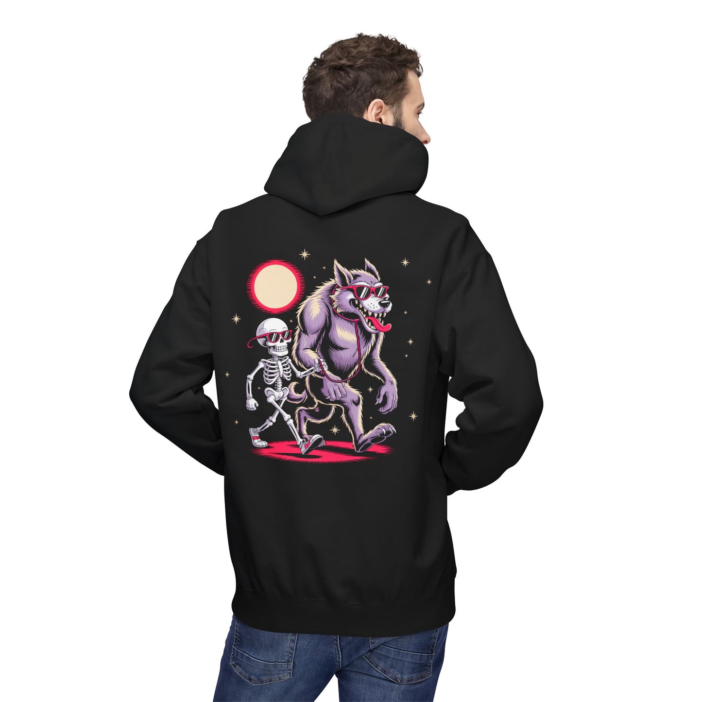 Take Wolfie for a Walk Hoodie — Skeleton & Monster Moon Graphic Pullover
