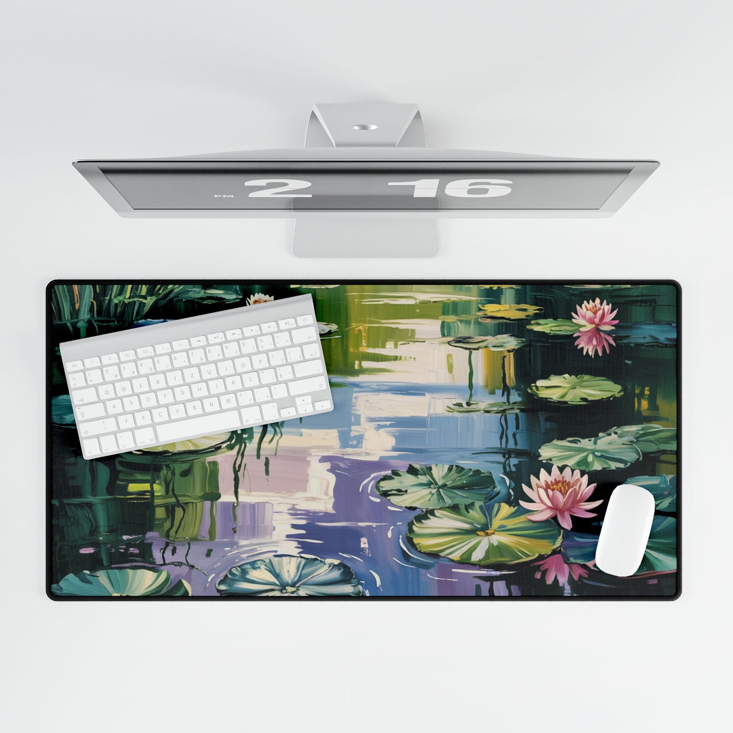 Water Lily Pond Desk Mat - Floral Illustrated Mousepad, Lily Pad Artwork