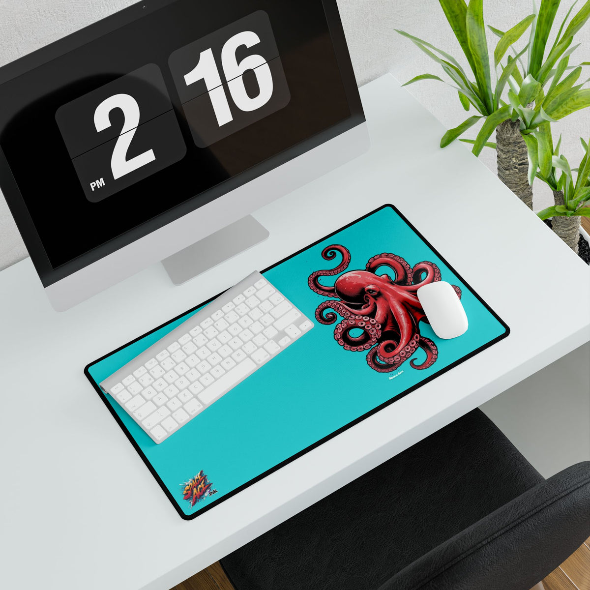 Red Octopus Illustration Desk Mat - Black Gaming Mousepad