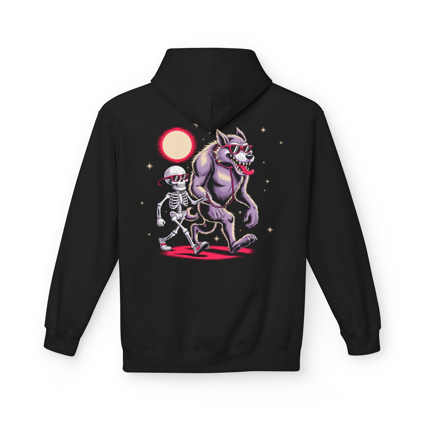Take Wolfie for a Walk Hoodie — Skeleton & Monster Moon Graphic Pullover