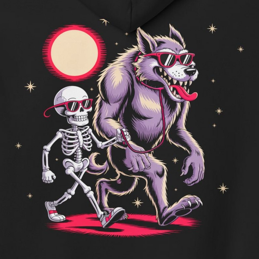 Take Wolfie for a Walk Hoodie — Skeleton & Monster Moon Graphic Pullover