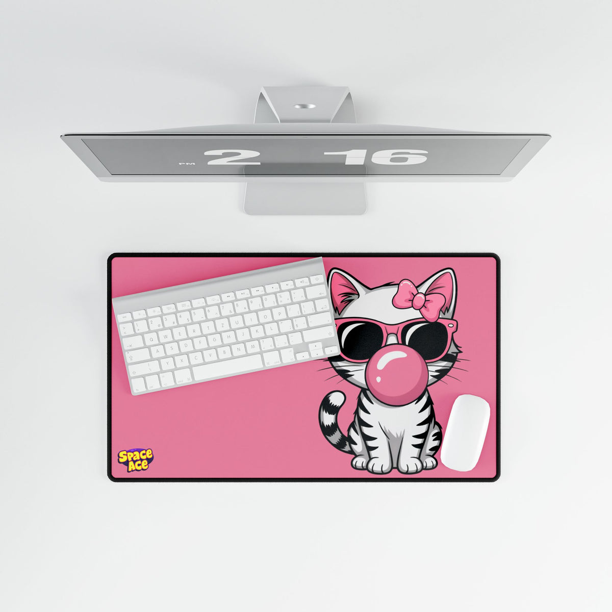 Bubblegum Cat Desk Mat - Pink Cat with Sunglasses Mouse Pad