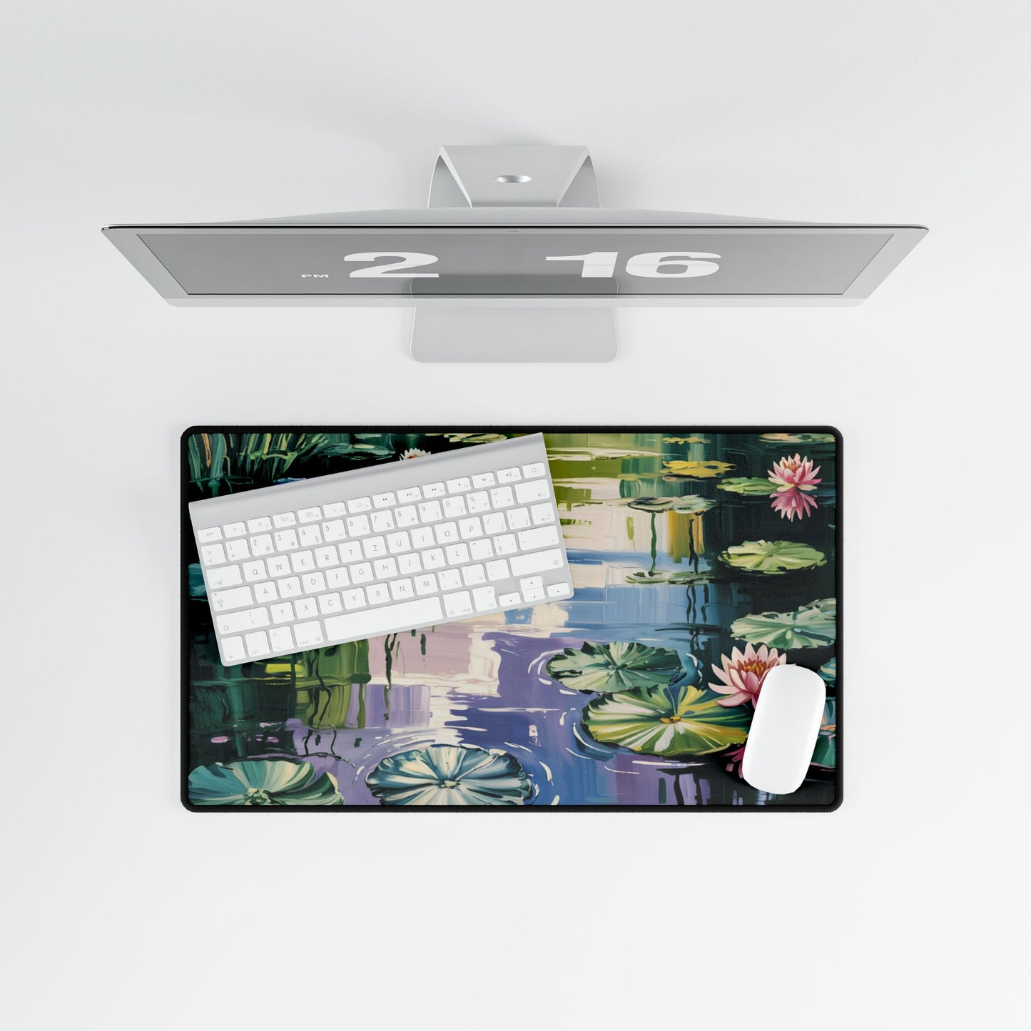 Water Lily Pond Desk Mat - Floral Illustrated Mousepad, Lily Pad Artwork
