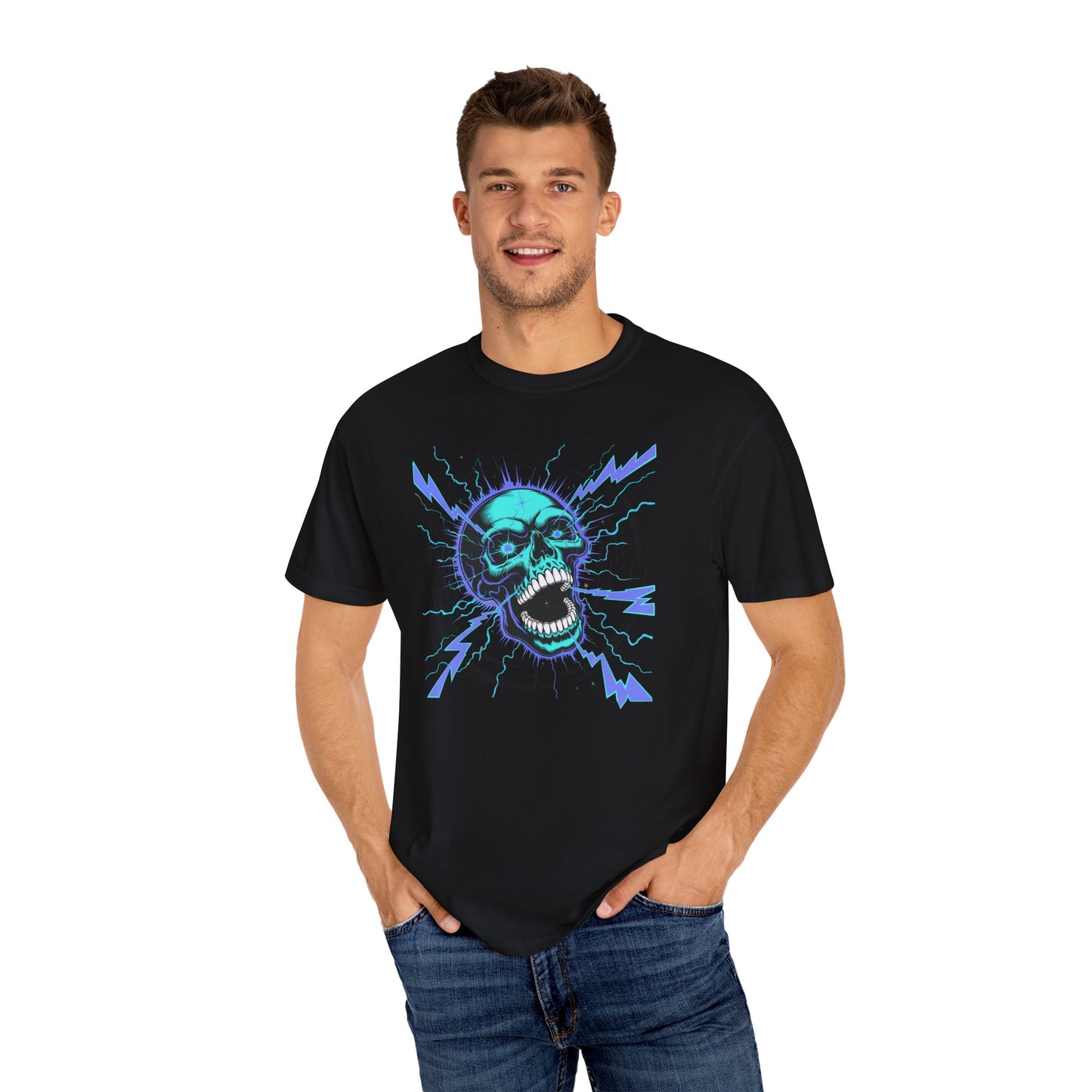 Electric Skull BLUE, Garment-Dyed Graphic Tee for Music Lovers, Halloween, Festival Wear