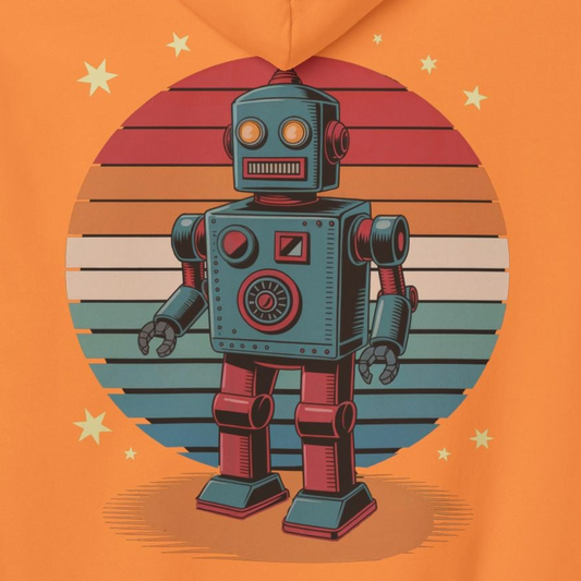 Retro Robot Hoodie – Vintage Sunset Space Toy Graphic